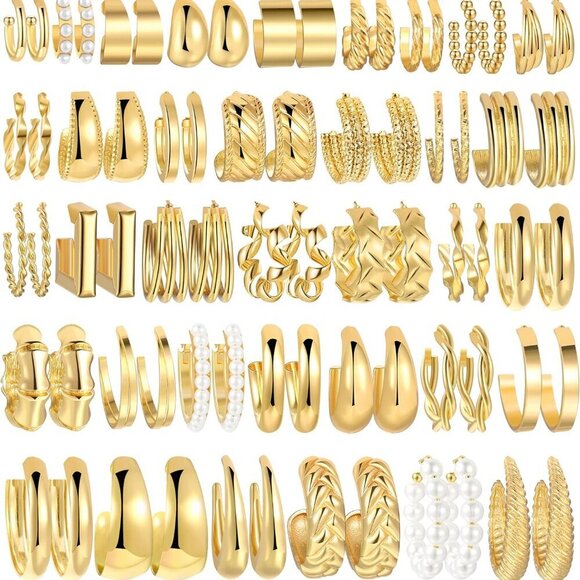 Jewelry - Gold Hoop Earrings Set 36 Pairs Mix of Sizes and Styles Hypoallergenic Jewelry